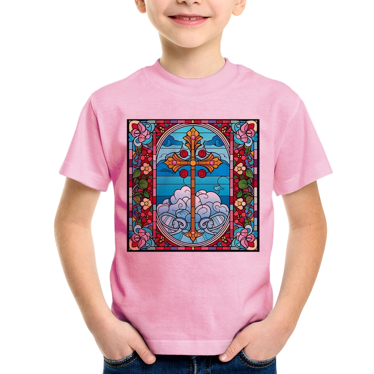 Camiseta Infantil Vitral Floral Cruz Jesus Cristo - Rosa Bebê