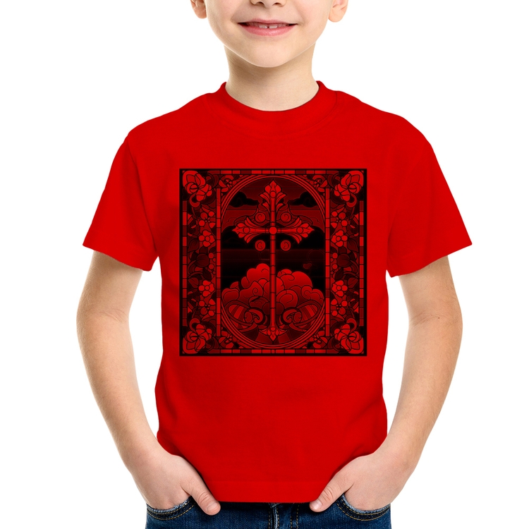 Camiseta Infantil Vitral Floral Cruz Jesus Cristo - Vermelha