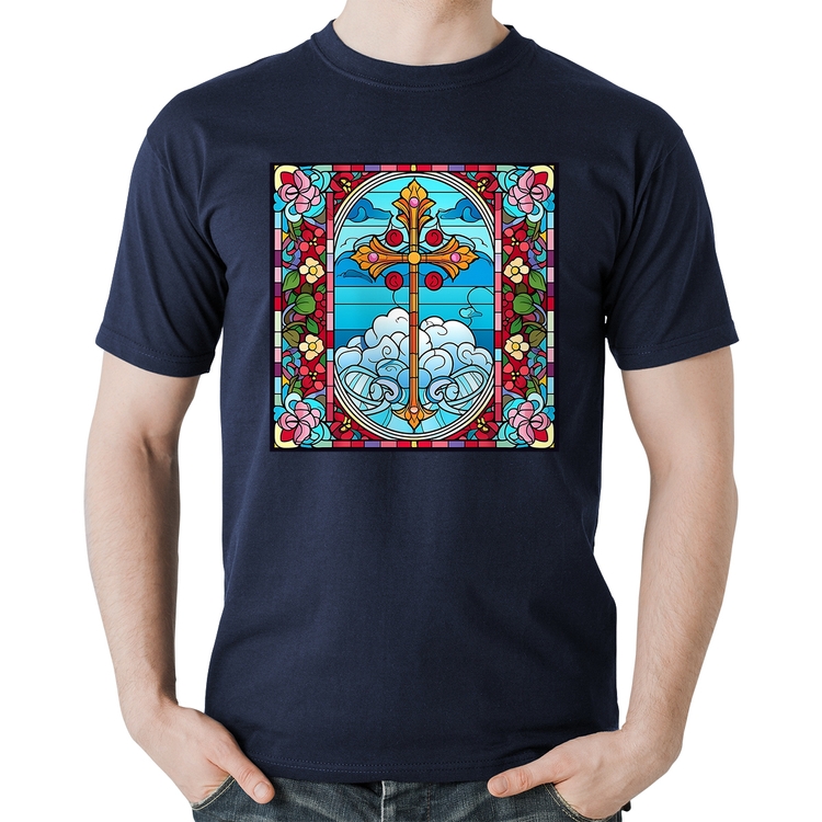 Camiseta Algodão Vitral Floral Cruz Jesus Cristo - Marinho