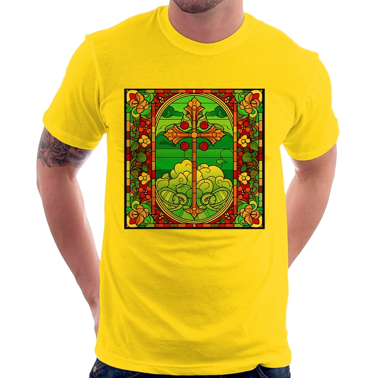 Camiseta Vitral Floral Cruz Jesus Cristo - Amarela