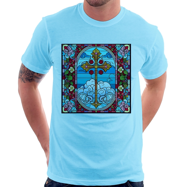 Camiseta Vitral Floral Cruz Jesus Cristo - Azul Bebê