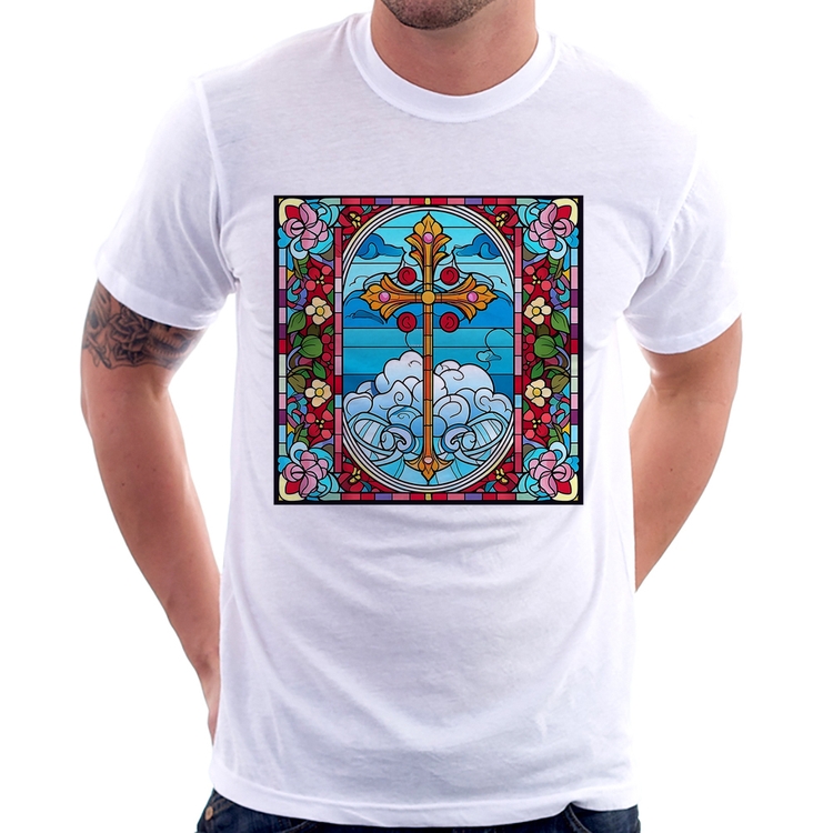 Camiseta Vitral Floral Cruz Jesus Cristo