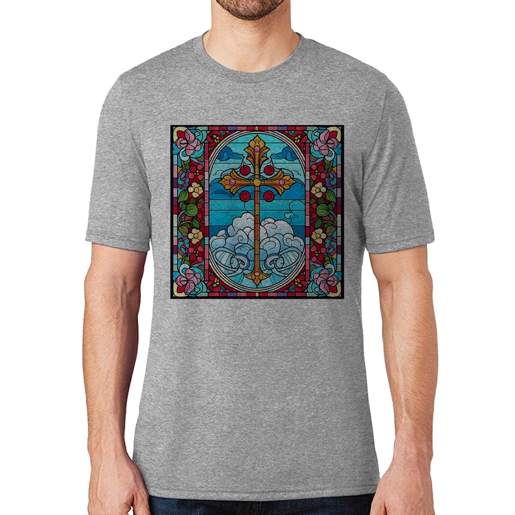 Camiseta Vitral Floral Cruz Jesus Cristo - Cinza
