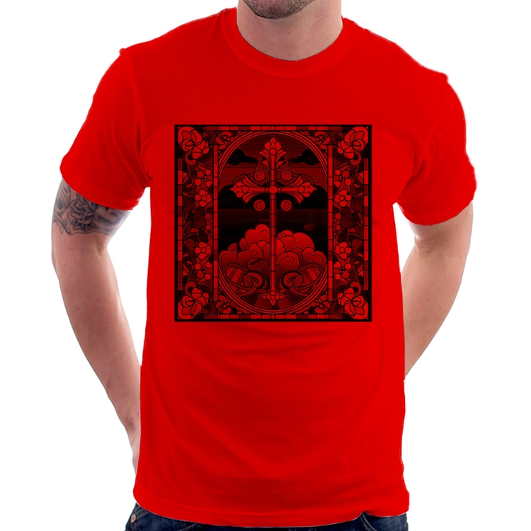 Camiseta Vitral Floral Cruz Jesus Cristo - Vermelha