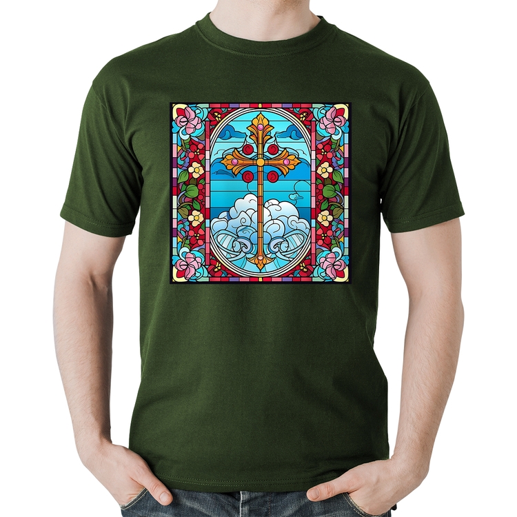 Camiseta Algodão Vitral Floral Cruz Jesus Cristo - Musgo