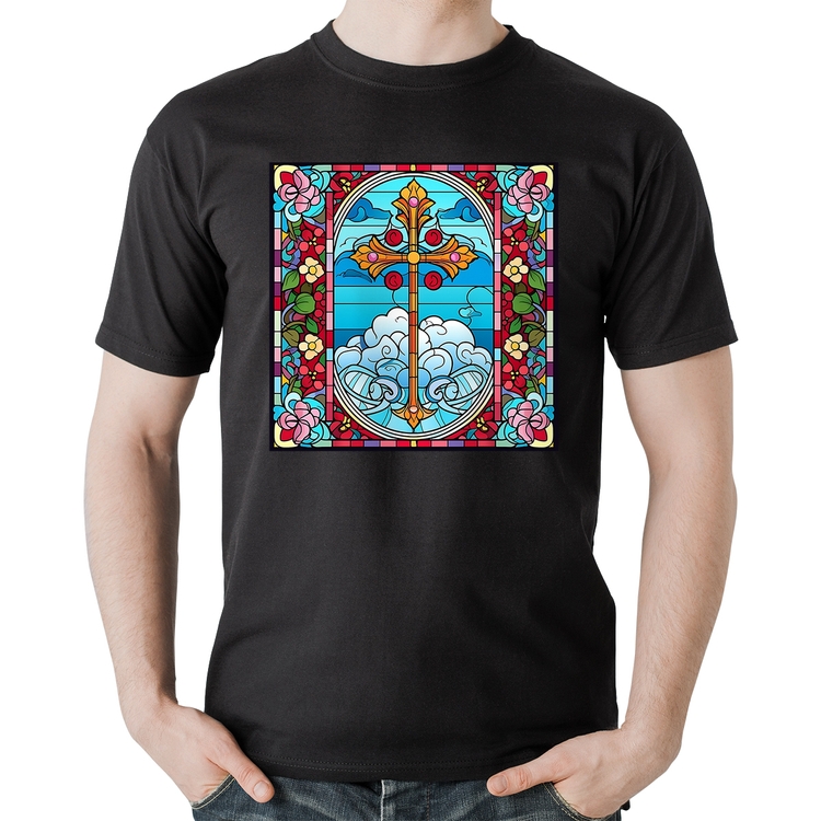 Camiseta Algodão Vitral Floral Cruz Jesus Cristo