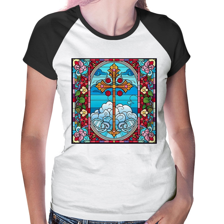 Baby Look Raglan Vitral Floral Cruz Jesus Cristo