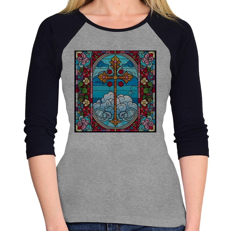 Baby Look Raglan Vitral Floral Cruz Jesus Cristo Manga 3/4 - Cinza/Preto