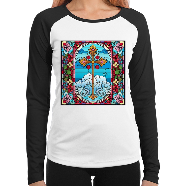 Baby Look Raglan Vitral Floral Cruz Jesus Cristo Manga Longa