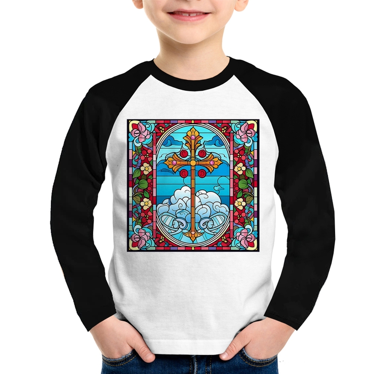 Camiseta Raglan Infantil Vitral Floral Cruz Jesus Cristo Manga Longa