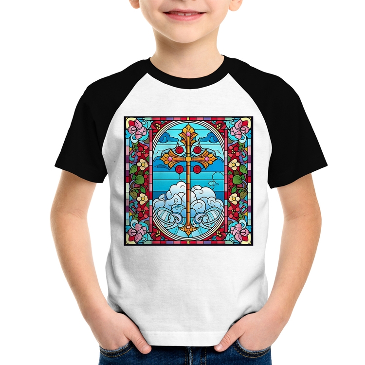 Camiseta Raglan Infantil Vitral Floral Cruz Jesus Cristo