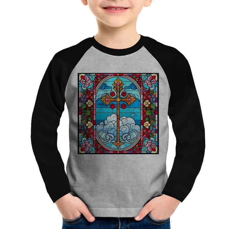 Camiseta Raglan Infantil Vitral Floral Cruz Jesus Cristo Manga Longa - Cinza/Preto