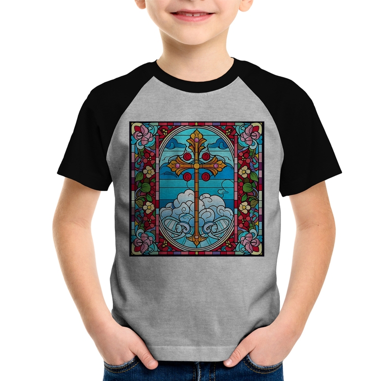 Camiseta Raglan Infantil Vitral Floral Cruz Jesus Cristo - Cinza/Preto