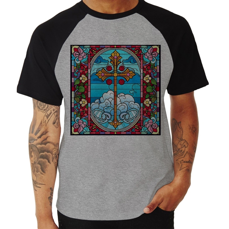 Camiseta Raglan Vitral Floral Cruz Jesus Cristo - Cinza/Preto