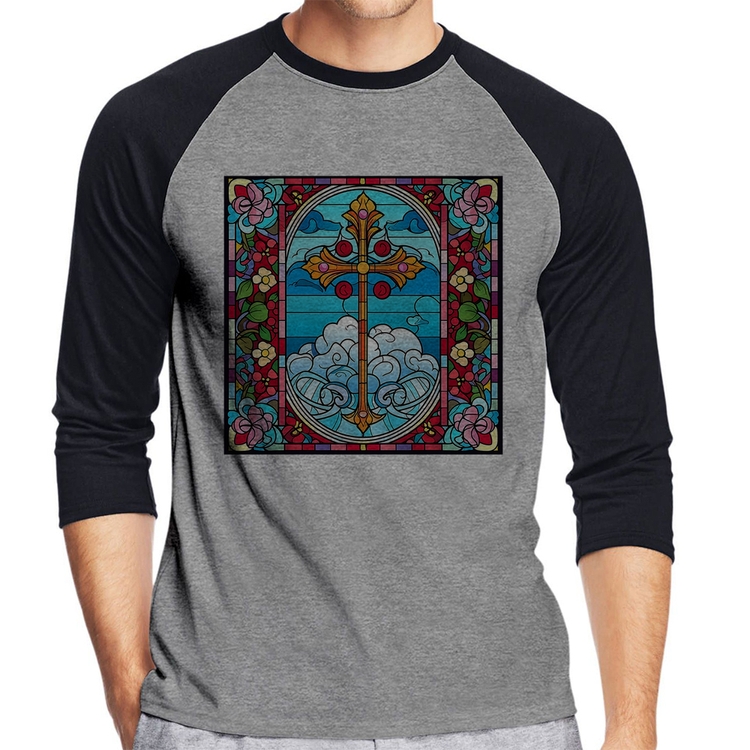 Camiseta Raglan Vitral Floral Cruz Jesus Cristo Manga 3/4 - Cinza/Preto