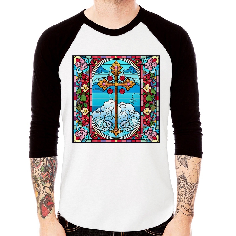 Camiseta Raglan Vitral Floral Cruz Jesus Cristo Manga 3/4