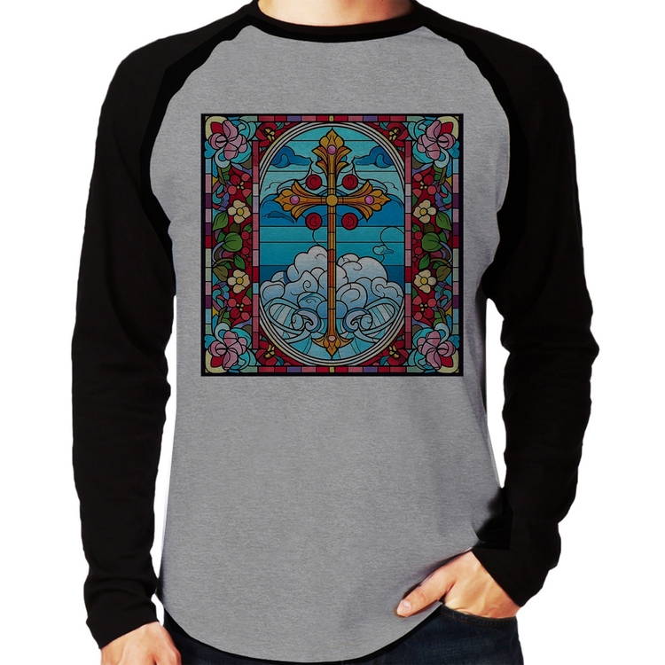 Camiseta Raglan Vitral Floral Cruz Jesus Cristo Manga Longa - Cinza/Preto