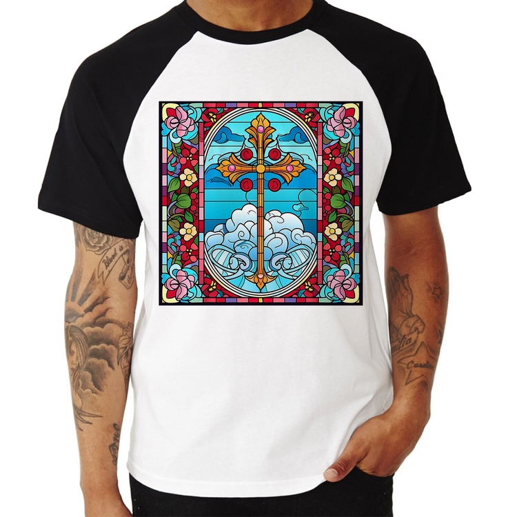 Camiseta Raglan Vitral Floral Cruz Jesus Cristo
