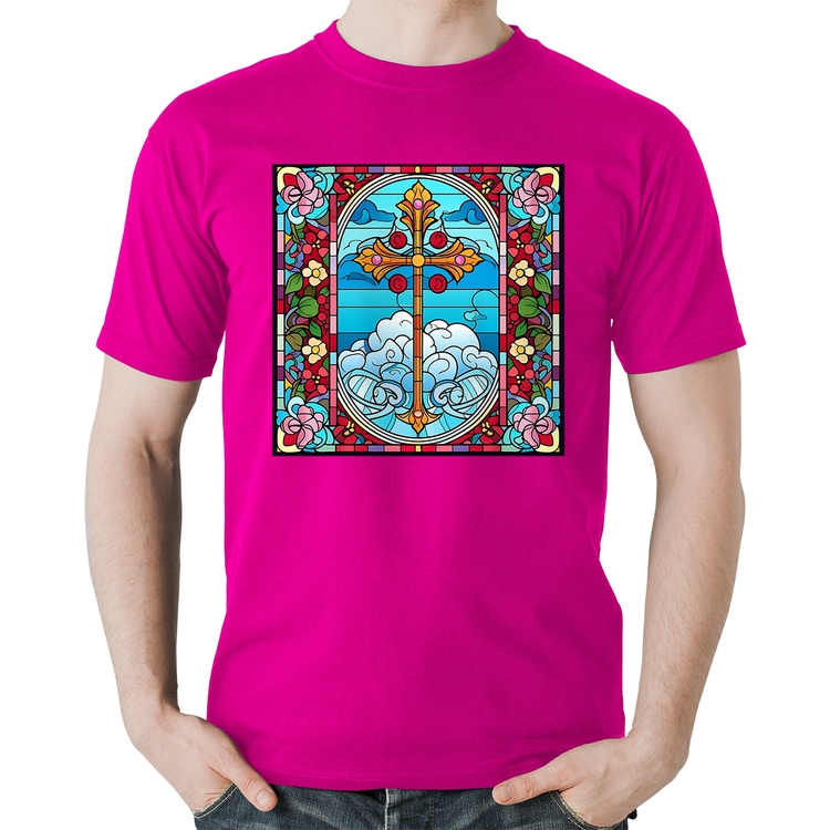 Camiseta Algodão Vitral Floral Cruz Jesus Cristo - Rosa