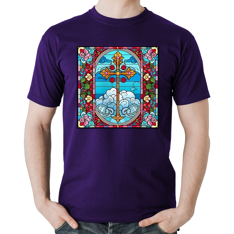 Camiseta Algodão Vitral Floral Cruz Jesus Cristo - Roxa