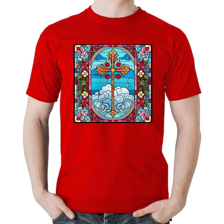 Camiseta Algodão Vitral Floral Cruz Jesus Cristo - Vermelha