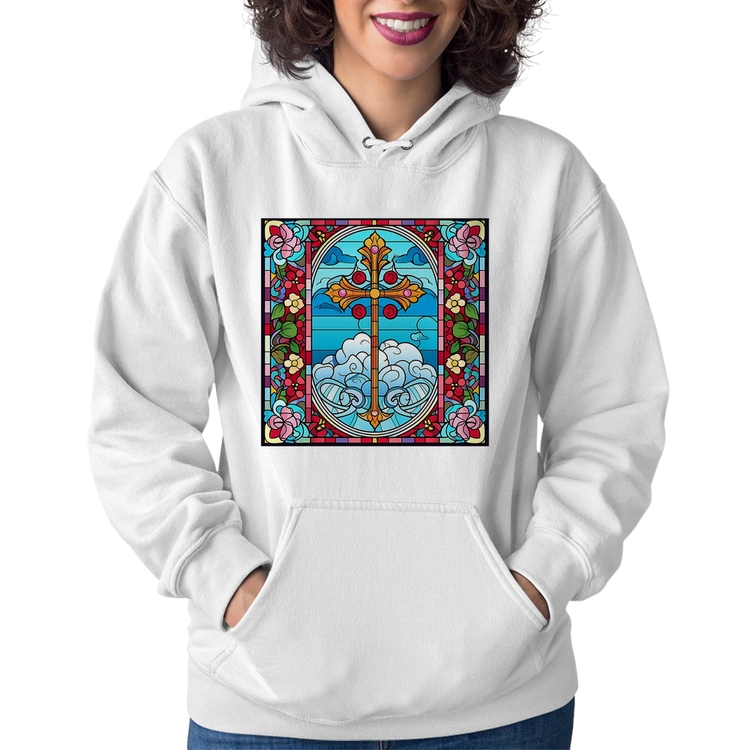 Moletom Feminino Vitral Floral Cruz Jesus Cristo - Branco