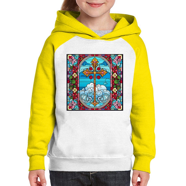 Moletom Infantil Vitral Floral Cruz Jesus Cristo - Branco/Amarelo