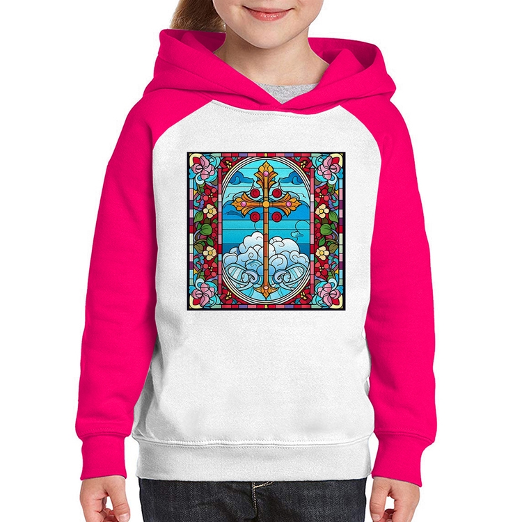 Moletom Infantil Vitral Floral Cruz Jesus Cristo - Branco/Rosa