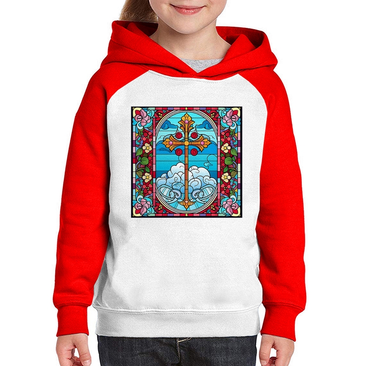Moletom Infantil Vitral Floral Cruz Jesus Cristo - Branco/Vermelho