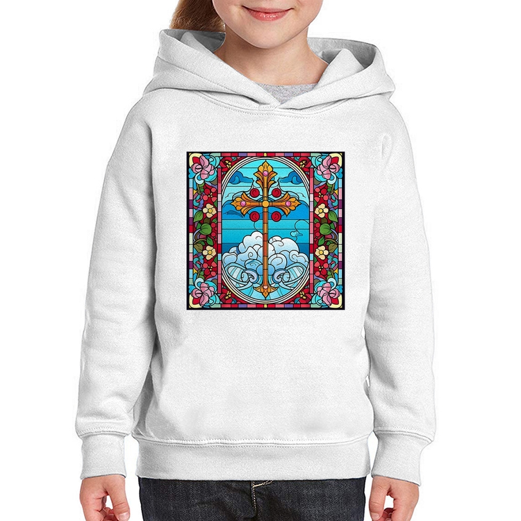 Moletom Infantil Vitral Floral Cruz Jesus Cristo
