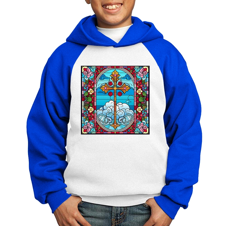 Moletom Infantil Vitral Floral Cruz Jesus Cristo - Branco/Azul