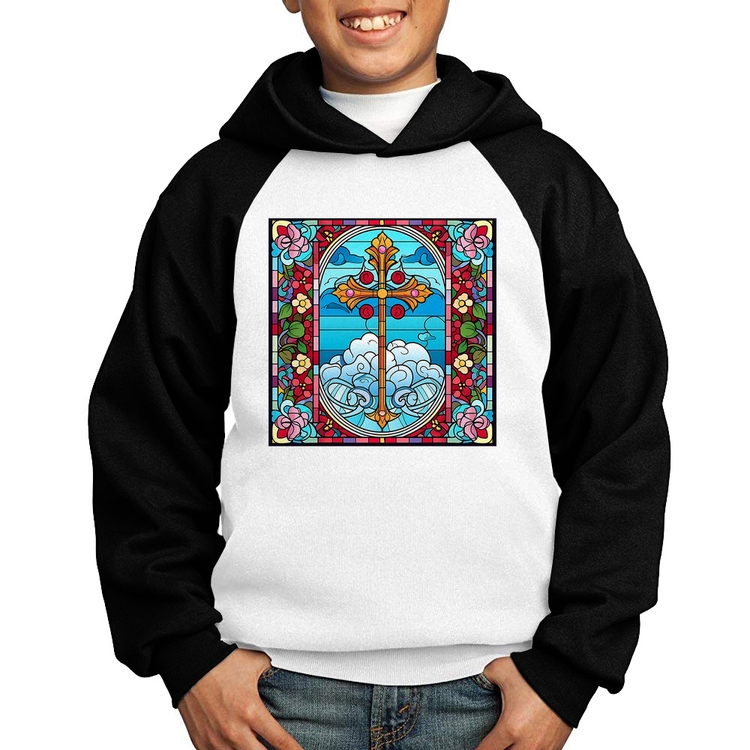 Moletom Infantil Vitral Floral Cruz Jesus Cristo - Branco/Preto
