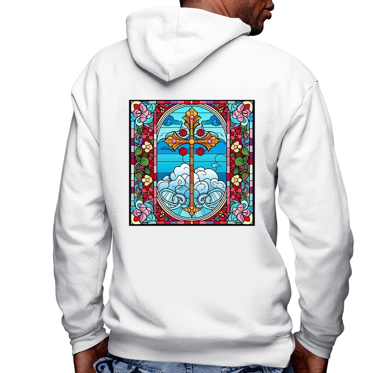 Blusa Moletom Vitral Floral Cruz Jesus Cristo Masculina com Capuz e Zíper - Branca