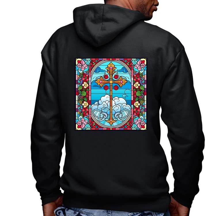 Blusa Moletom Vitral Floral Cruz Jesus Cristo Masculina com Capuz e Zíper