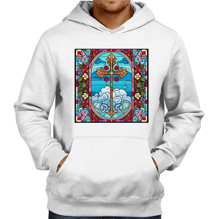 Moletom Vitral Floral Cruz Jesus Cristo - Branco