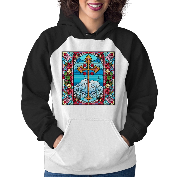 Moletom Feminino Vitral Floral Cruz Jesus Cristo
