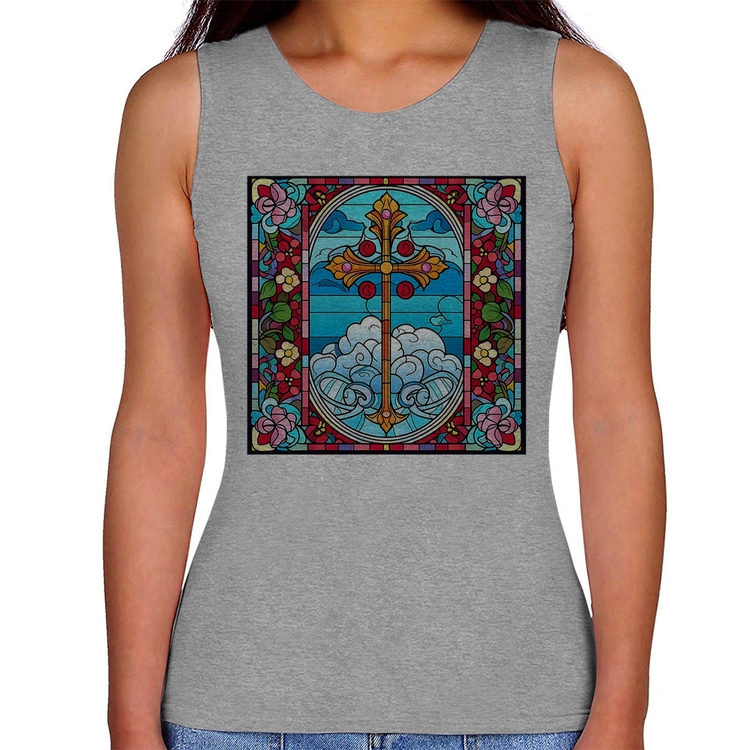 Regata Feminina Vitral Floral Cruz Jesus Cristo - Cinza