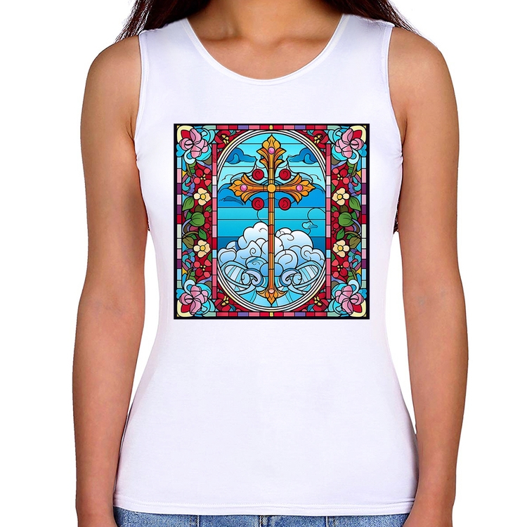 Regata Feminina Vitral Floral Cruz Jesus Cristo