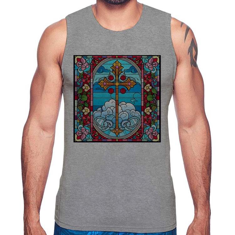 Regata Vitral Floral Cruz Jesus Cristo - Cinza