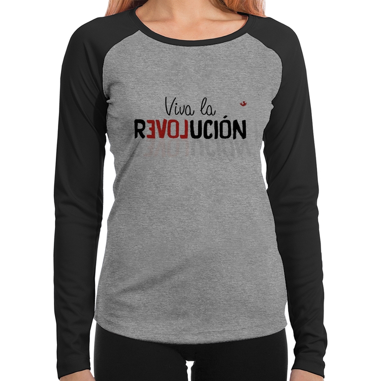 Baby Look Raglan Viva la Revolución Manga Longa - Cinza/Preto
