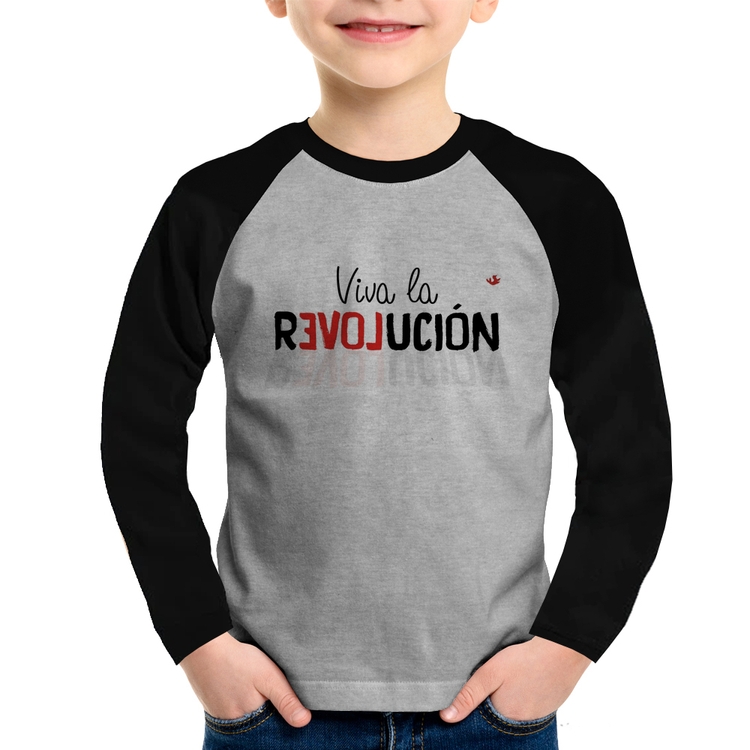 Camiseta Raglan Infantil Viva la Revolución Manga Longa - Cinza/Preto