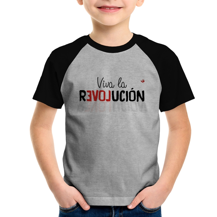 Camiseta Raglan Infantil Viva la Revolución - Cinza/Preto