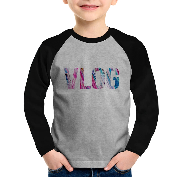 Camiseta Raglan Infantil Vlog Manga Longa - Cinza/Preto