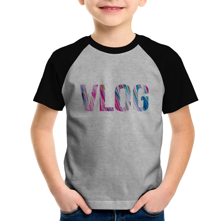 Camiseta Raglan Infantil Vlog - Cinza/Preto