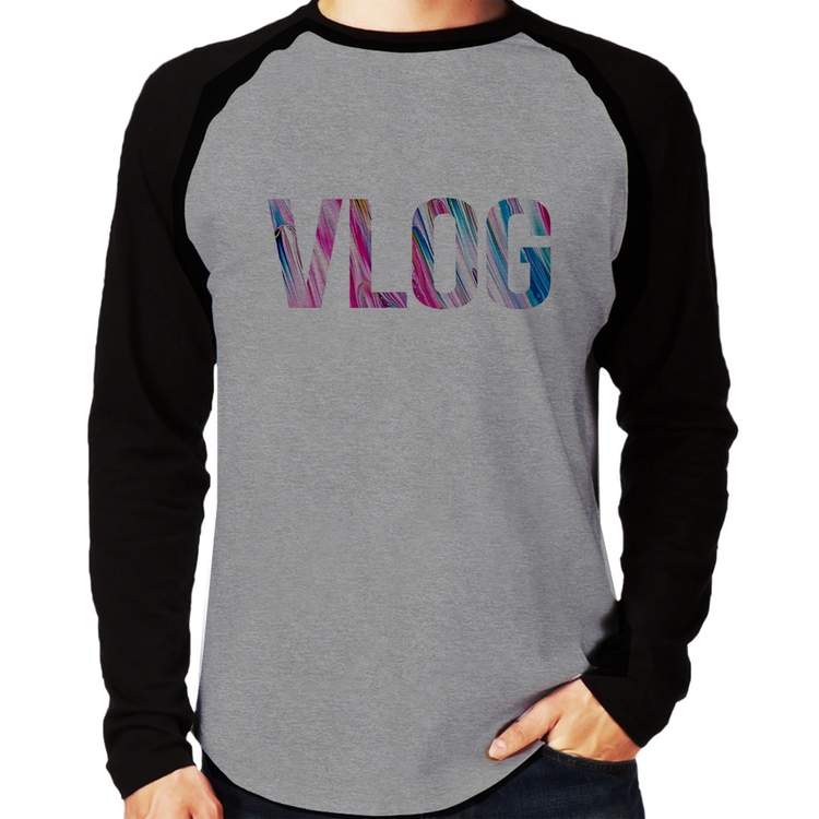 Camiseta Raglan Vlog Manga Longa - Cinza/Preto