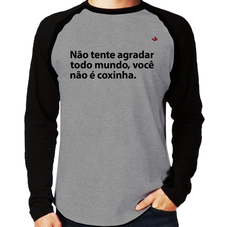 Camiseta Raglan Você não é coxinha Manga Longa - Cinza/Preto