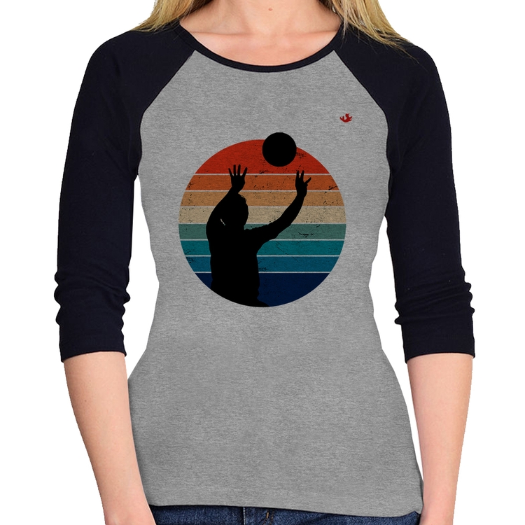 Baby Look Raglan Vôlei Vintage Sunset Manga 3/4 - Cinza/Preto