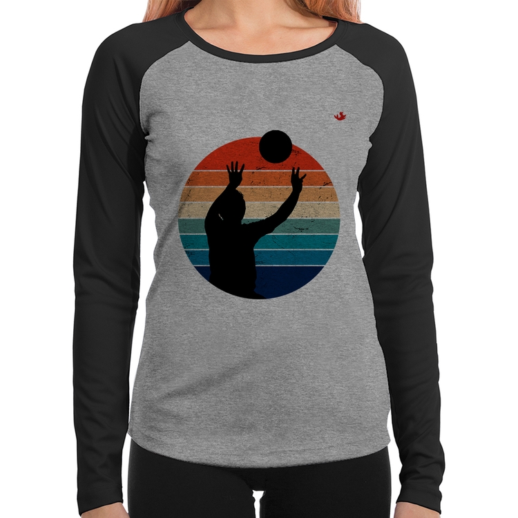Baby Look Raglan Vôlei Vintage Sunset Manga Longa - Cinza/Preto