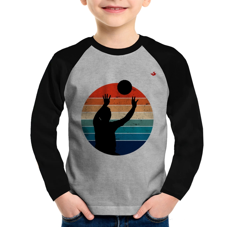 Camiseta Raglan Infantil Vôlei Vintage Sunset Manga Longa - Cinza/Preto