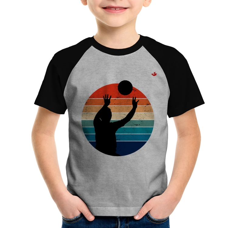 Camiseta Raglan Infantil Vôlei Vintage Sunset - Cinza/Preto